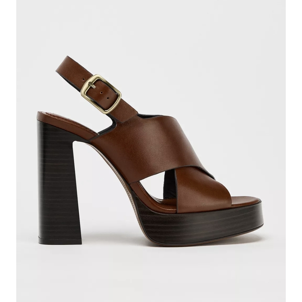Zara Brown Leather Heels with Chunky Platform